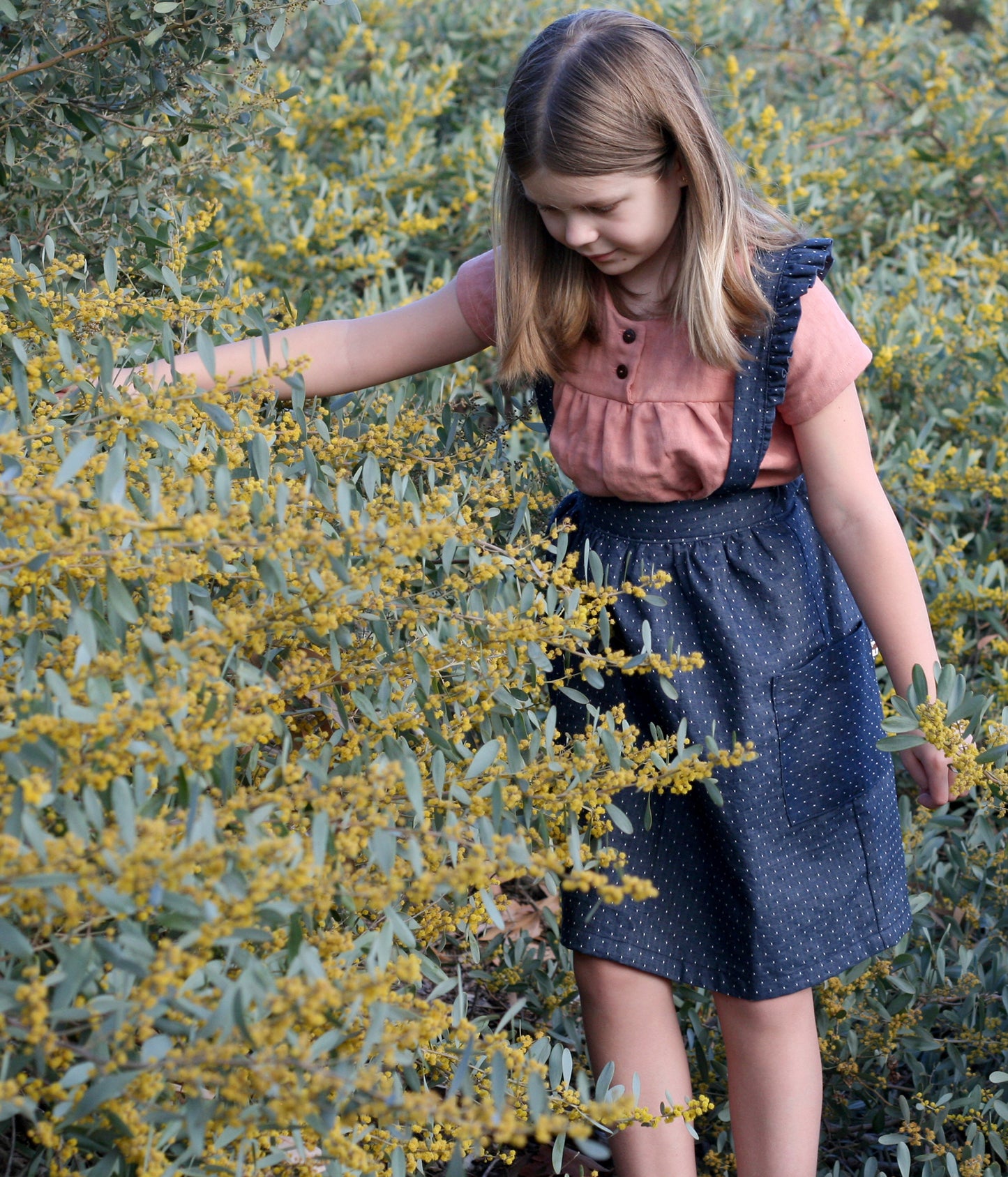 Elsie Ruffle Suspender Skirt in Denim Dot