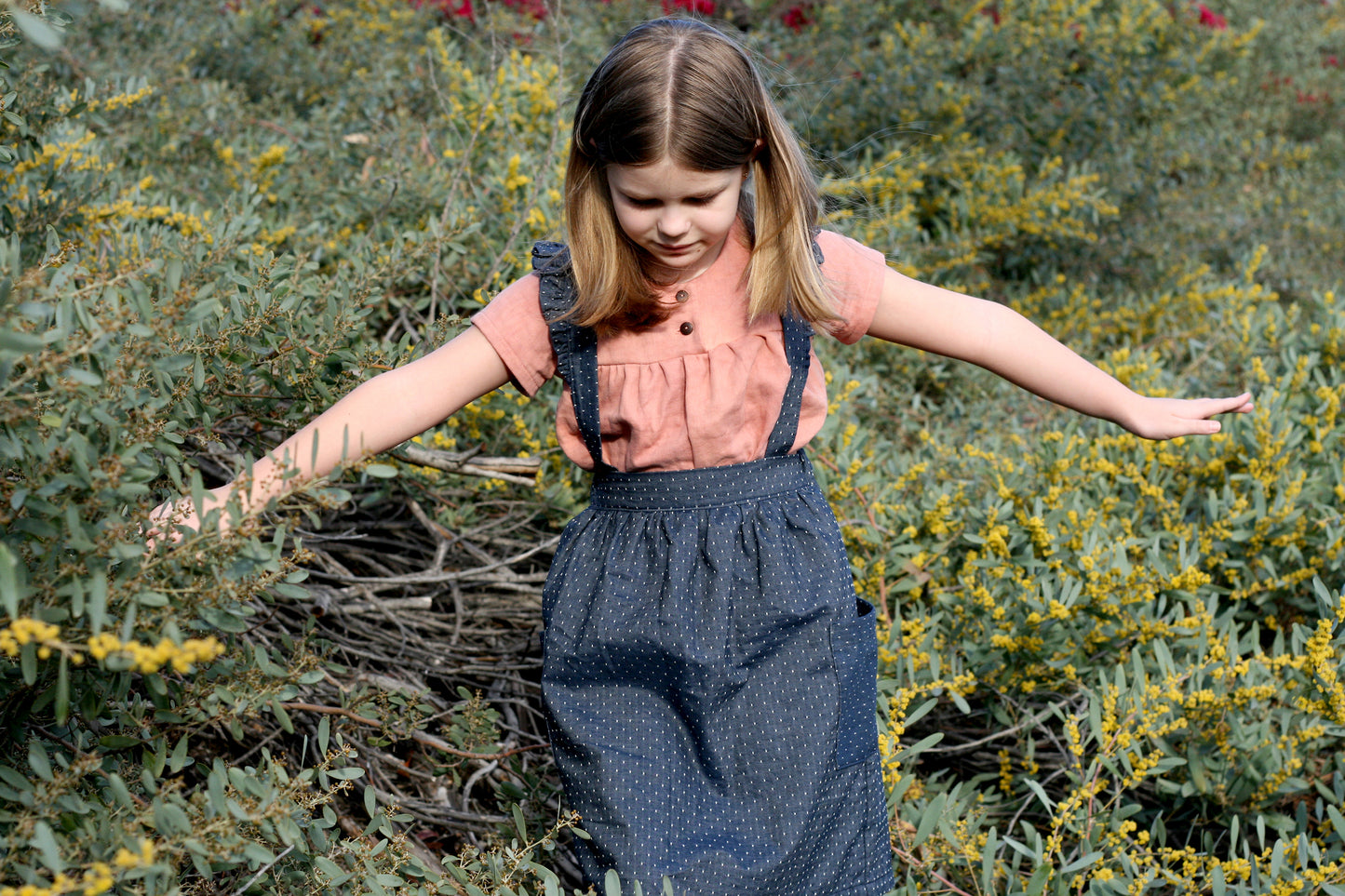 Elsie Ruffle Suspender Skirt in Denim Dot