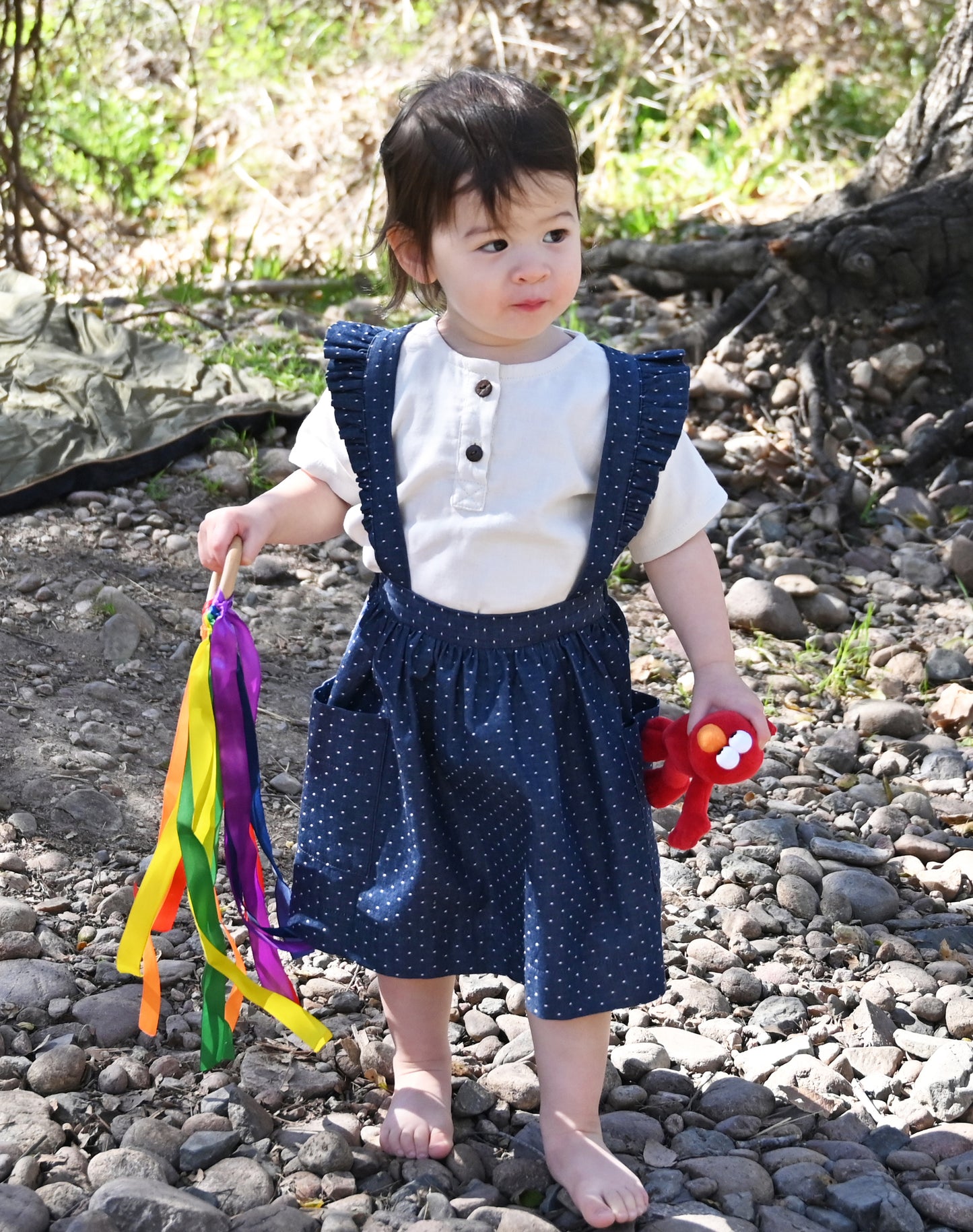 Elsie Ruffle Suspender Skirt in Denim Dot