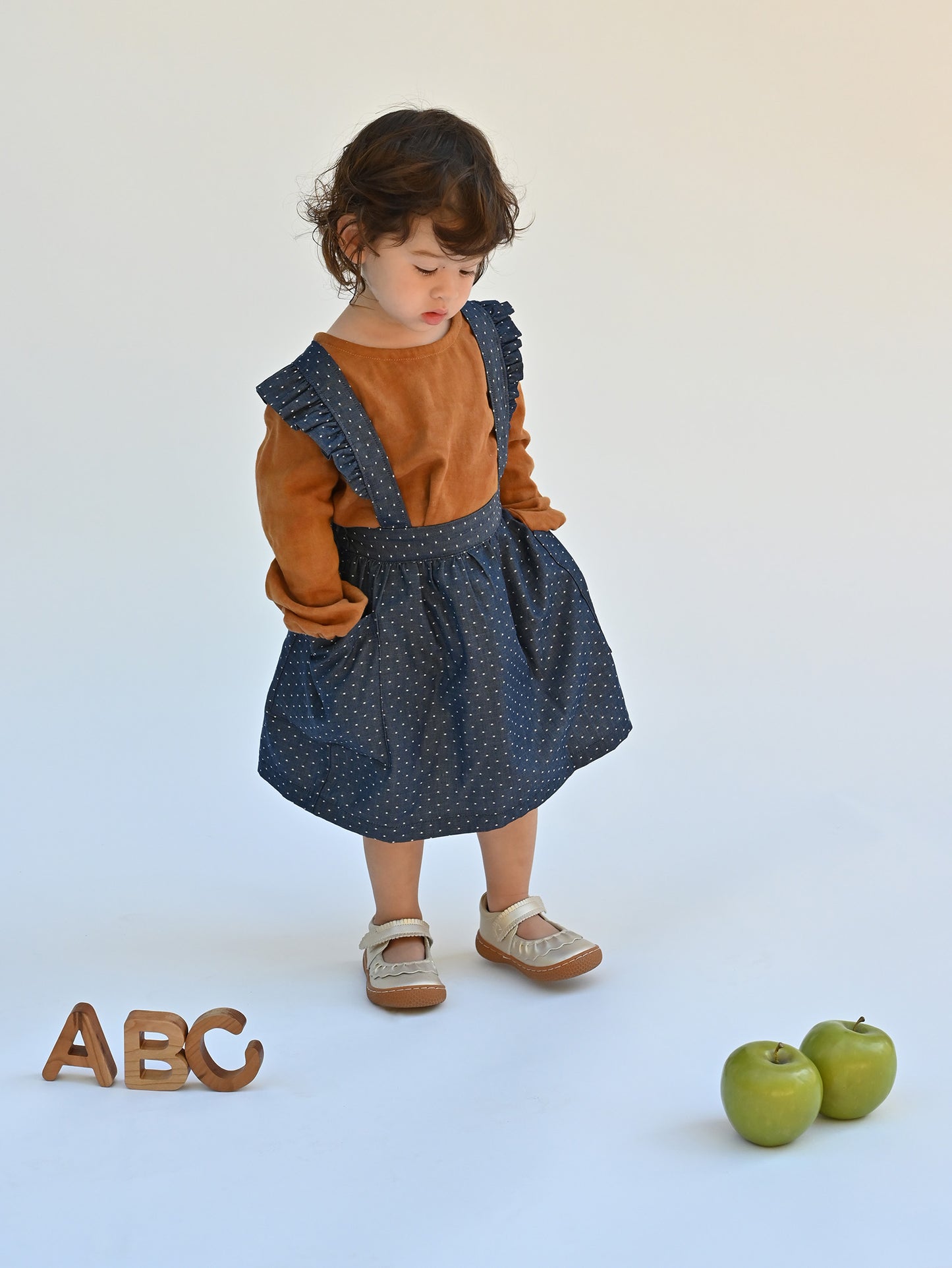 Elsie Ruffle Suspender Skirt in Denim Dot