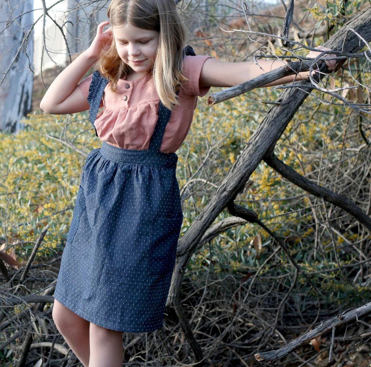 Elsie Ruffle Suspender Skirt in Denim Dot
